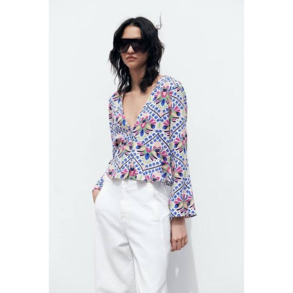 NWT ZARA BELL SLEEVE PRINTED SHIRT LI MULTICOLORED REFERENCE 3095212